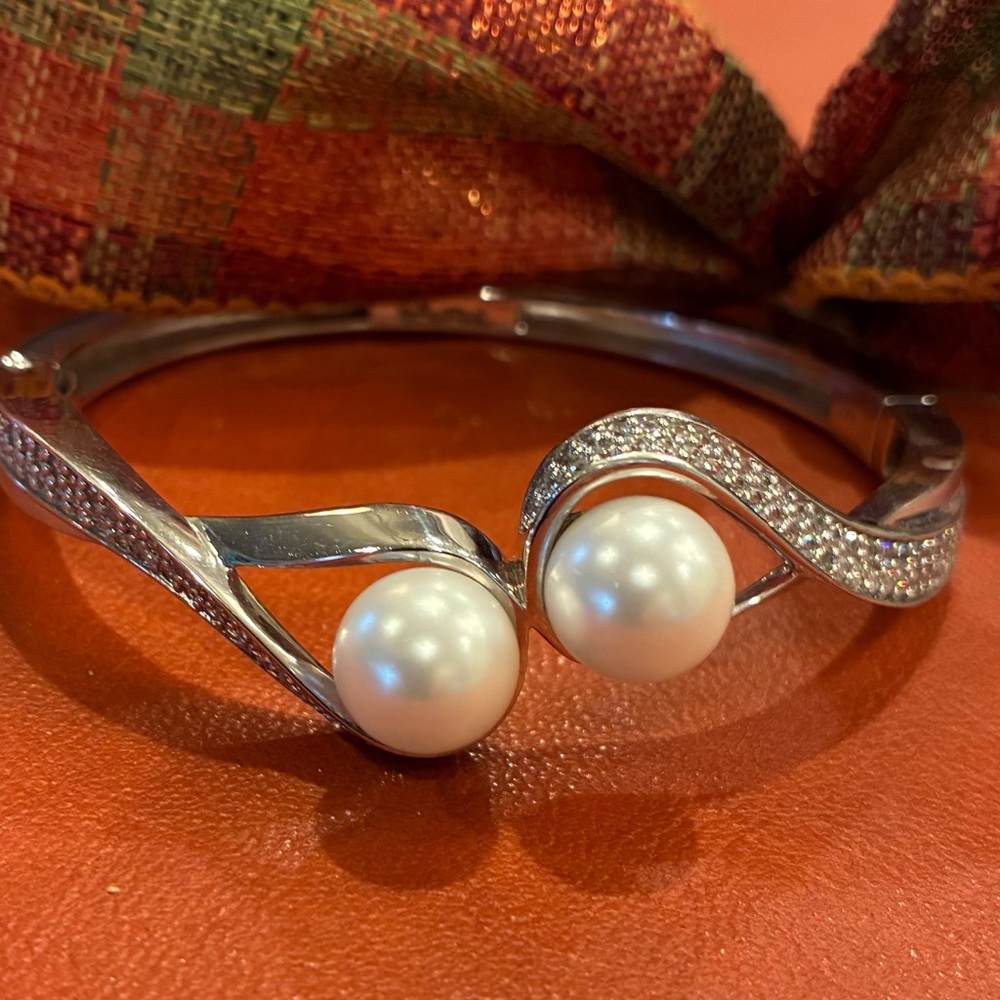 Sterling Silver Pearl & Cubic Zirconia Bangle Bracelet made by 
Belle E’toile